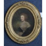 After George Romneyoil on wooden panel,Portrait of the Marquise de Treville,oval,8 x 6.5in.