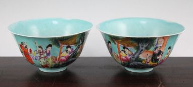 A pair of Chinese turquoise ground famille rose bowls, 20th century, each decorated with figures