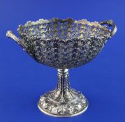 A Victorian pierced silver two handled comport by Joseph Angell II, with geometric scroll decoration