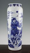 A Chinese blue and white sleeve vase, in Transitional style, painted with Zhong Qui, The Demon