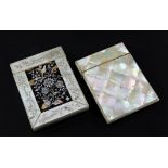 A Victorian engraved mother of pearl card case, the rectangular tortoiseshell panels inlaid with