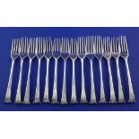 A matched set of fourteen George III silver Onslow pattern dessert forks, various dates and