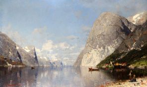 Georg Anton Rasmussen (1842-1914)oil on canvas,Norwegian fjord in summertime,signed and dated 12/