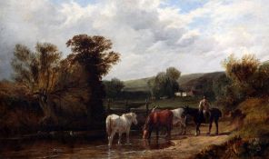 George Shalders (c.1826-1873)oil on canvas,Watering the horses,signed, Agnews label verso,12 x