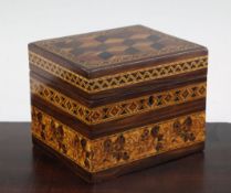 A 19th century Tunbridgeware rosewood perspective cube tea caddy, with hinged lid and a band of