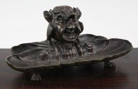 A late 19th century Continental bronze inkstand, modelled as a grotesque figure, on a shell shaped