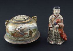 A Japanese Satsuma pottery figure and a similar tripod koro and cover, Meiji period, the figure