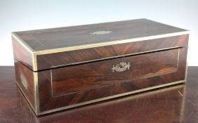 A large Regency rosewood brass bound folding writing slope, with rebated side carrying handles,