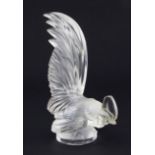 A Lalique 'Le coq nain' glass mascot, post-war, etched mark Lalique, France and original label,