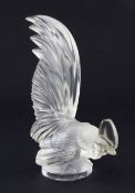 A Lalique 'Le coq nain' glass mascot, post-war, etched mark Lalique, France and original label,