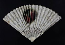 A 19th century French pierced bone fan, with pierced silver and mother of pearl guard sticks,