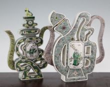 Two Chinese famille verte glazed biscuit 'character' wine pots, early 20th century, the first in the