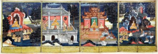 Burmese Schoolgouache,Four panels depicting Buddha with attendants in various settings, conjoined