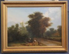 J* B*Reid (19th century)oil on canvas,Woodsmen resting on a forest path,signed and dated 1833,17.5 x