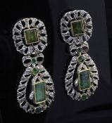 A pair of mid 20th century Indian? silver and gold, emerald and diamond drop earrings, with