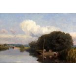 John Henry Dearle (British, 1860–1932)oil on canvas,River landscape with reed cutters,signed,13 x