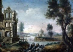 18th century Flemish Schooloil on wooden panel,Landscape with figures beside classical ruins,5 x