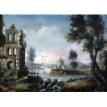 18th century Flemish Schooloil on wooden panel,Landscape with figures beside classical ruins,5 x