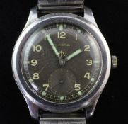 A 1940's/1950's? stainless steel Cyma military manual wind wrist watch, with black Arabic dial and