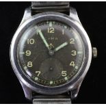 A 1940's/1950's? stainless steel Cyma military manual wind wrist watch, with black Arabic dial and