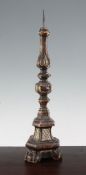 An 18th century Italian carved wood and gesso pricket candlestick, with knopped stem, decorated