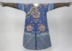 A Chinese embroidered blue silk gauze and metal thread Summer dragon robe, Jifu, 19th century, woven