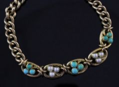 An early 20th century 15ct gold, turquoise and seed pearl curb link bracelet, with five oval links