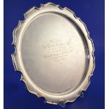 A George V silver salver, with pie crust border and engraved presentation inscription, Cooper