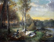 Julius Scheuerer (1859-1913)oil on canvas,Ducks beside a lake,signed,9 x 11.5in.