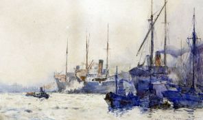 Charles Dixon (1872-1934)watercolour,Shipping in the pool of London,signed Charlie Dixon 1889,8.25 x