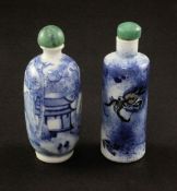 Two Chinese blue and white porcelain snuff bottles, 1860-1908, the first cylindrical bottle with