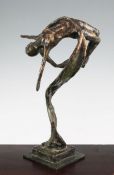 A 20th century patinated bronze model of a ribbon dancer, the square base inscribed GAGC 5/59,