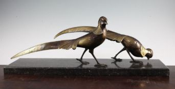 A French Art Deco patinated bronze model of two pheasants, each marked Lorino Bronze, on a