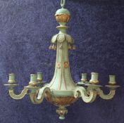 An early 20th century Italian green painted and parcel gilt ceiling light, with six scrolling