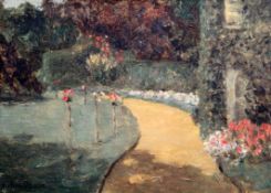 Julius Olsson (1864-1942)oil on board,Herbaceous borders in a park,signed,10.25 x 14.25in.