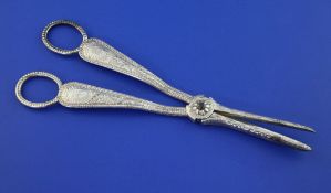 A pair of Victorian silver grape shears, with engraved armorials and beaded borders, Francis Higgins