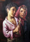 Nell Zovineoil on canvas,Study of a girl and boy holding a candlestick,signed,32 x 24in.
