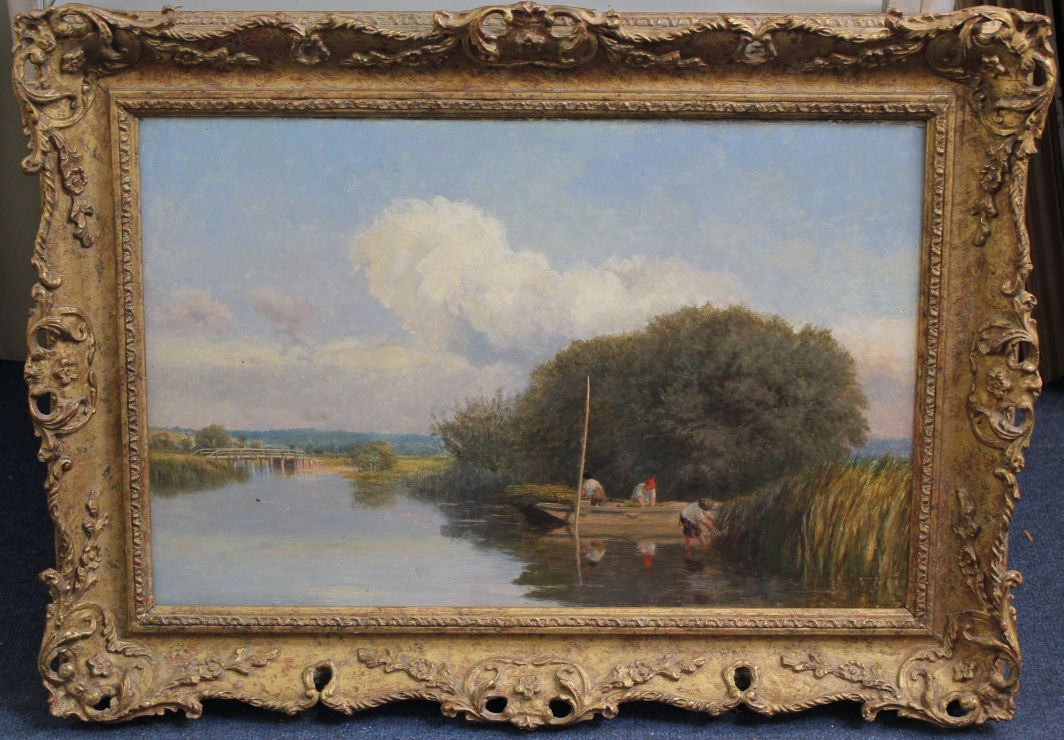 John Henry Dearle (British, 1860–1932)oil on canvas,River landscape with reed cutters,signed,13 x - Image 2 of 3