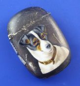 A late Victorian silver and enamel vesta case decorated with a Jack Russell, of oval shape, no