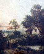 Charles Morris (19th C.)oil on wooden panel,Landscape with traveller on a lane,inscribed verso,14