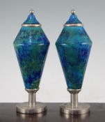 A pair of Paul Milet Sevres Art Deco pottery and chrome electroplate mounted vases and integral