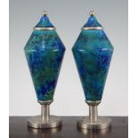 A pair of Paul Milet Sevres Art Deco pottery and chrome electroplate mounted vases and integral