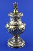 A late Victorian silver commemorative vessel by Carl Krall, of baluster form, with coronet stopper