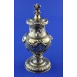 A late Victorian silver commemorative vessel by Carl Krall, of baluster form, with coronet stopper