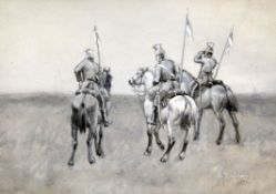 Arthur Rackham (1867-1939)monochrome watercolour,Lancers on horseback,signed and dated 1889,6.5 x