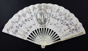 An early 19th century French bone fan, with pierced guard sticks, the leaf painted with oval figural