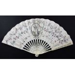 An early 19th century French bone fan, with pierced guard sticks, the leaf painted with oval figural