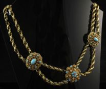 A Victorian twin strand gold, turquoise and ruby choker necklace, the spiral links set with three