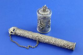 A 19th century Indian silver cylindrical pounce pot and an Indian silver tubular case with lid and