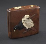 A Japanese cherrywood, ivory, horn, mother of pearl and wood inlaid single case inro, 19th